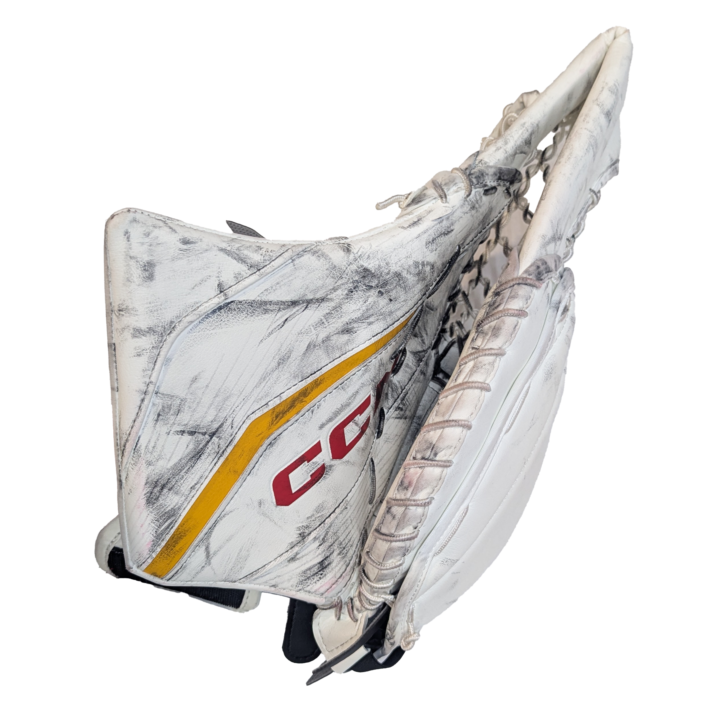 CCM Extreme Flex 6 - Gant de gardien de but AHL Pro Stock d'occasion (blanc/rouge/jaune)